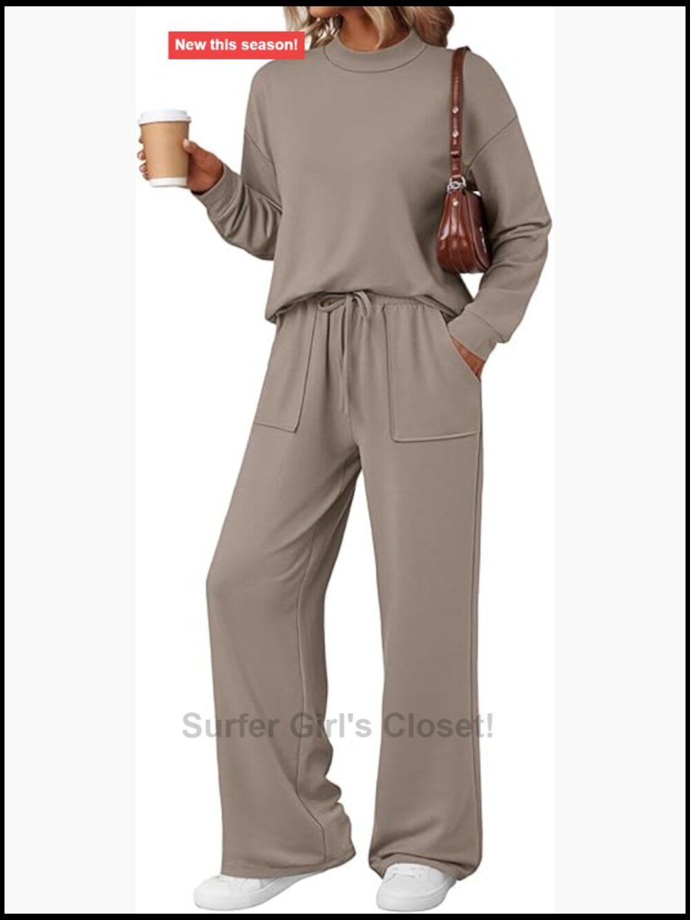 Two Piece Lounge Set Mock Turtleneck Top Wide Leg Drawstring Pants Sweatsuit